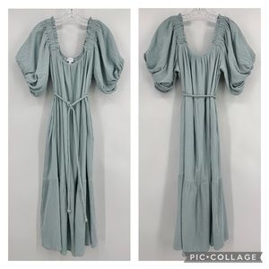 Mable Dylan Puff Sleeve Gauze Tiered Midi Dress Dusty Blue (Green) Size M